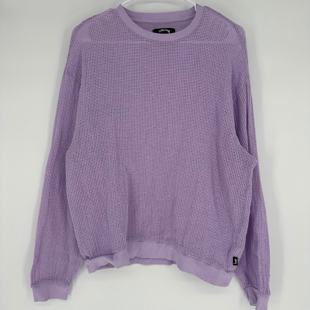 Stussy Mens Lavender Purple Mesh Knit Cotton Long Sleeve Crewneck Sweater Large